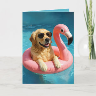 Carte Golden Retriever Flottant avec un Flamant rose ann