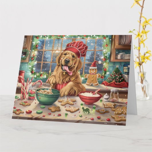 Carte Golden Retriever Gâteau de vacances : Noël festif (Fleur jaune)