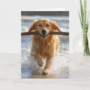 Carte Golden Retriever qui court avec un bâton pour son 