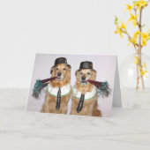 Carte Golden Retriever souffle les cornes du Nouvel An (Fleur jaune)