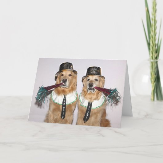Carte Golden Retriever souffle les cornes du Nouvel An (Devant)