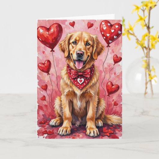 Carte Golden Retriever Valentine’s Day Dog with Hearts (Fleur jaune)
