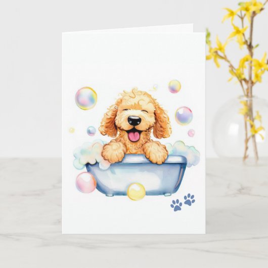 Carte Goldendoodle Chien Plié Salutation (Fleur jaune)