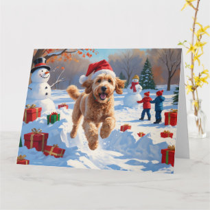 Carte Goldendoodle Courir en neige avec Casquette de Noë