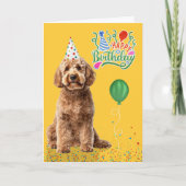 Carte Goldendoodle Dog in a Party Hat on Yellow Birthday (Devant)