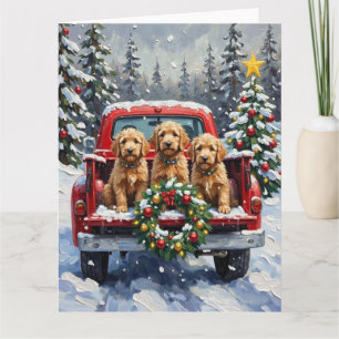 Carte Goldendoodle Noël Camion Rouge Fêtes