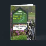 Carte Golf 50th Birthday Card - 'Birthday Tee'<br><div class="desc">Carte de 50e anniversaire sur le thème du Golf sur mesure. Envoyez les voeux d'anniversaire du Tee d'anniversaire, avec un panneau de golf qui peut être personnalisé, pendant des années et le nom. La photographie sportive d'un trou de golf et de son drapeau, le vert étant au loin derrière un...</div>