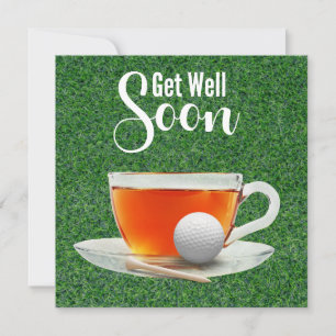Carte Golf Allez-y bientôt avec une tasse de thé sur ver