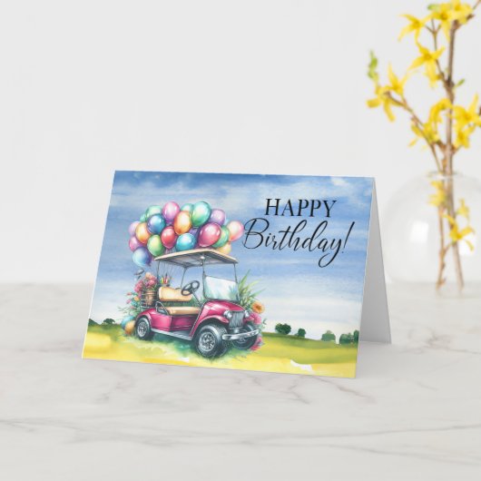 Carte Golf Anniversaire à Golfer avec voiturette de golf (Fleur jaune)