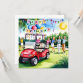 Carte Golf Anniversaire Thème avec voiturette de golf et (Devant/Arrière en situation)