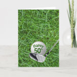Carte Golf Ball In Grass 50th Birthday Card<br><div class="desc">Boule de golf sur gazon vert avec club de golf pour 50ème anniversaire.</div>