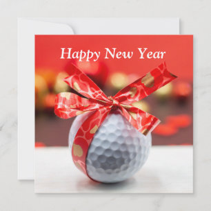 Carte Golf Bonne année avec boule et ruban rouge chanceu