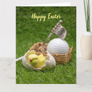 Carte Golf Happy Pâques avec poulet et balle de golf