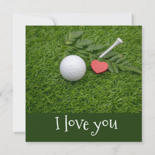 Carte Golf Je t'aime avec balle de golf et coeur rouge