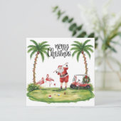Carte Golf Joyeux Noël avec le Père Noël et le flamant (Debout devant)