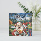 Carte Golf Joyeux Noël avec Père Noël jouant au golf (Debout devant)