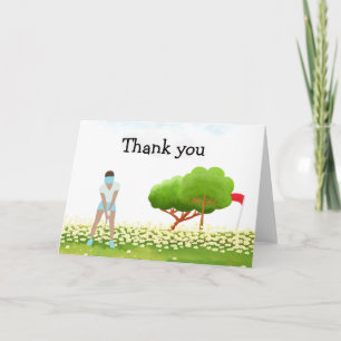 Carte Golf Merci avec texte et golfeuse qui putt