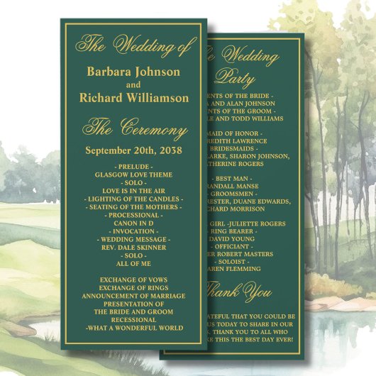 Carte Golf Theme Wedding Order of Service Program
