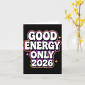 Carte Good Energy Only 2026 Retro Bubble Letter Design  (Fleur jaune)