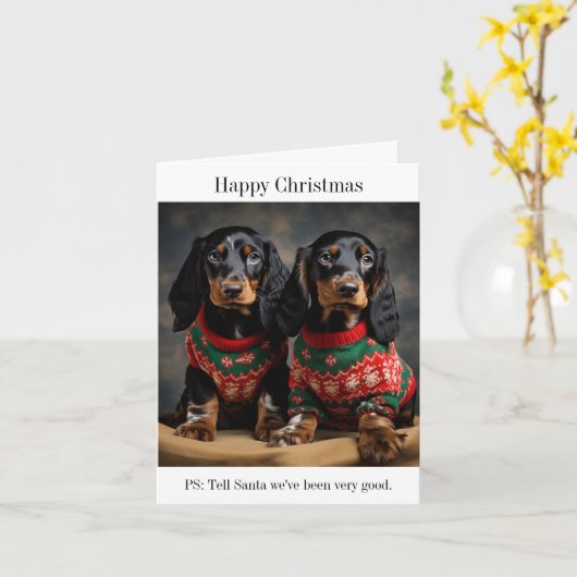 Carte Gordon Setter Puppies dans les pulls de Noël (Fleur jaune)