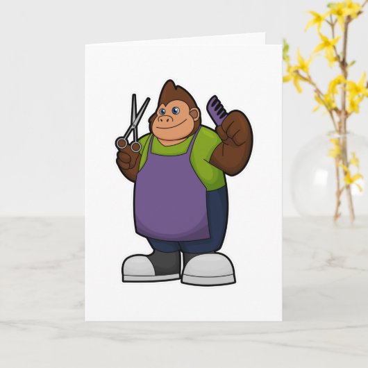 Carte Gorille coiffeur avec ciseaux et peigne (Fleur jaune)