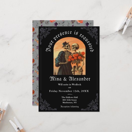 Carte Goth Vintage Skeleton Couple QRC Wedding Invitatio (Devant/Arrière en situation)