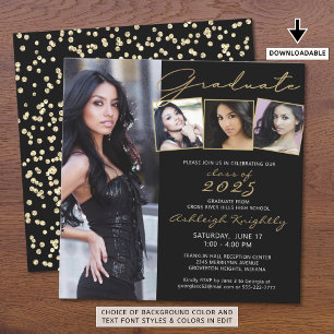 Carte Graduate Script 4 Photo Black Gold Confetti