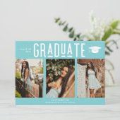 Carte Graduate Turquoise Checkerboard 3 Photo Graduation (Debout devant)