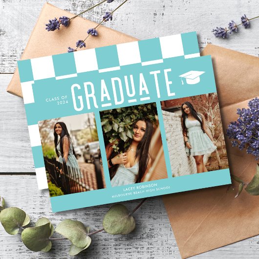 Carte Graduate Turquoise Checkerboard 3 Photo Graduation