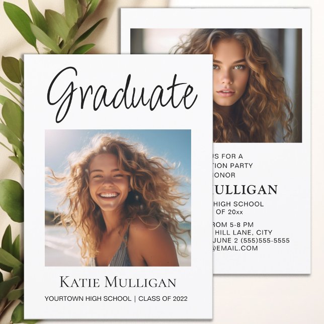 Carte Graduation 2 Photo White Graduation Party (Graduation party invitation with 2 photos, printed on both sides.)