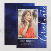 Carte Graduation Blue Nebula Space Stylish Photo moderne (Devant / Derrière)