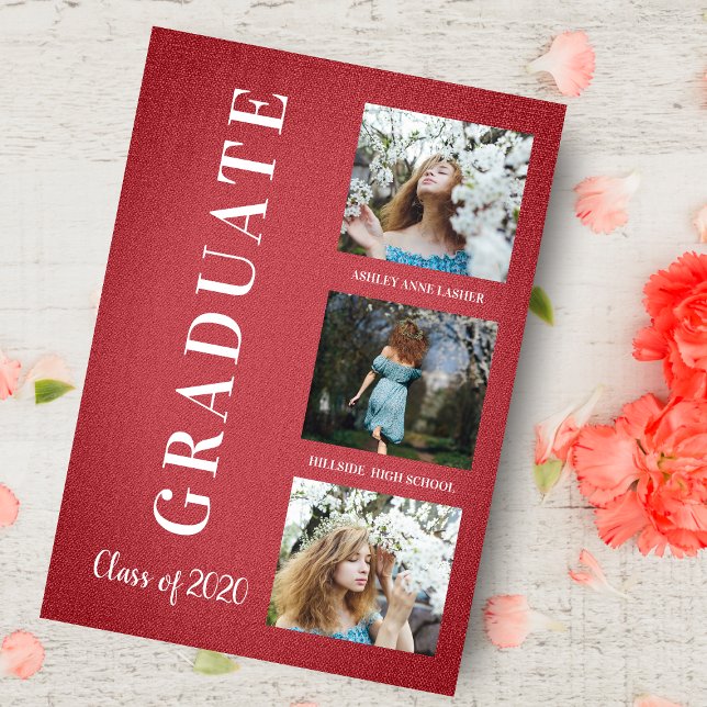 Carte Graduation en Textile rouge Trois séances photo (Créateur téléchargé)
