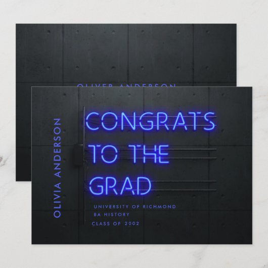 Carte Graduation néon noir bleu fêtes moderne design (Devant / Derrière)