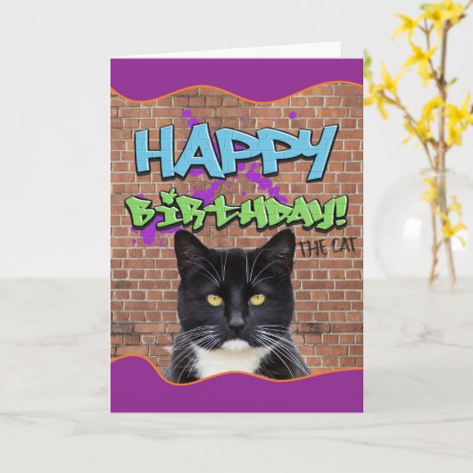 Carte Graffiti d'anniversaire amusant du chat (Fleur jaune)