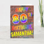 Carte Graffiti Inspecred Rainbow Look HAPPY 80TH BIRTHDA<br><div class="desc">The Front of this vibrant, exciting and fun birthday-themed greeting card design objets the message "HAPPY 80TH BIRTHDAY" with letters having a multicolored rainbow like gradient pattern, and a customizable name colored yellow, on a brick wall background. Les Style sont inspirés par les that of graffiti or street art drawn...</div>