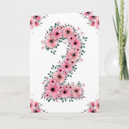 Carte Grand 2e anniversaire Fleurs roses Fleurs vertes F (Devant)