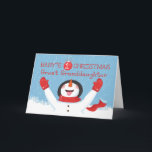 Carte Grand-fille Baby First Christmas Snowman<br><div class="desc">Toute la famille est ravie par le petit,  car votre arrière-petite-fille vit son premier Noël. Tout comme ce bonhomme de neige est enchanté par les premiers flocons de neige et s'approche pour accueillir la neige,  elle sera ravie par sa carte célébrant son premier Noël.</div>