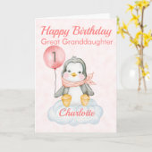 Carte Grand-fille Penguin Joyeux 1er anniversaire (Fleur jaune)