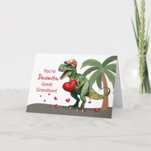 Carte Grand-fils Valentine Dinosaur Casquette et Coeurs