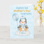 Carte Grand-mère 1er Fête des mères Bleu pingouin (Fleur jaune)