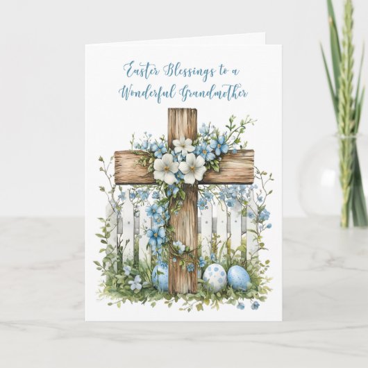 Carte Grand-mère Croix de Pâques Blanc clôture bleu Fleu (Devant)