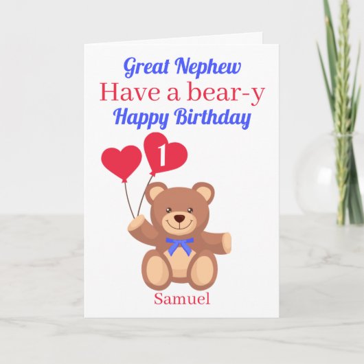 Carte Grand neveu 1er anniversaire d'ours (Devant)