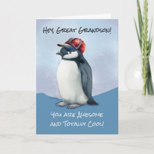 Carte Grand Petit-fils Anniversaire Penguin avec Casquet