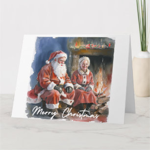 Carte Grande aquarelle traditionnelle Père Noël & Mme Cl