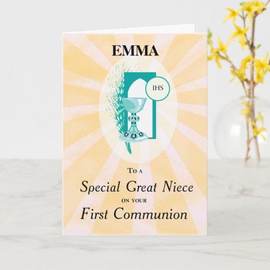 Carte Grande Nièce Première Communion Chalice Rays (Fleur jaune)