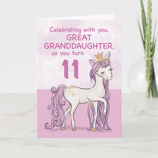 Carte Grande Petite-fille 11e Anniversaire Pink Unicorn (Devant)