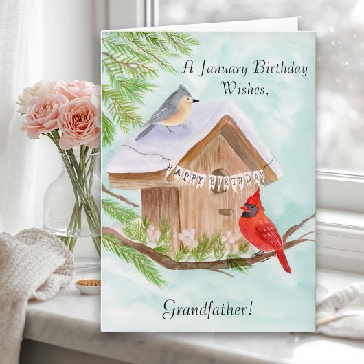 Carte Grandfather Happy January Birthday Birds