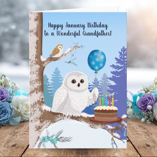 Carte Grandfather Happy January Birthday Snowy Owl