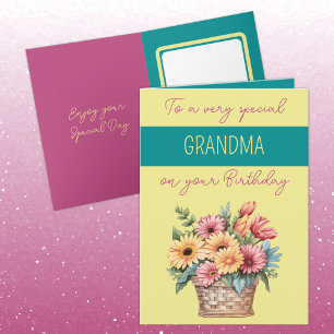 Carte Grandma gerbera jaune turquoise anniversaire