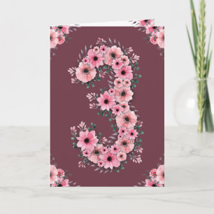 Carte Grands Fleurs Roses de 3e Anniversaire Feuillage V